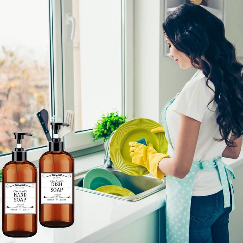 Xlent Soap Dispenser with Rust Proof Pump, Waterproof Labels (2 Pack,16 Oz) Bathroom, Plastic Hand Dish Soap Dispenser for Kitchen, Premium Thick Soap Pump Bottles (Amber) - Image 3